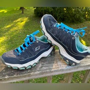 Navy blue, light blue and white Skechers Encore tennis shoes, women size 8